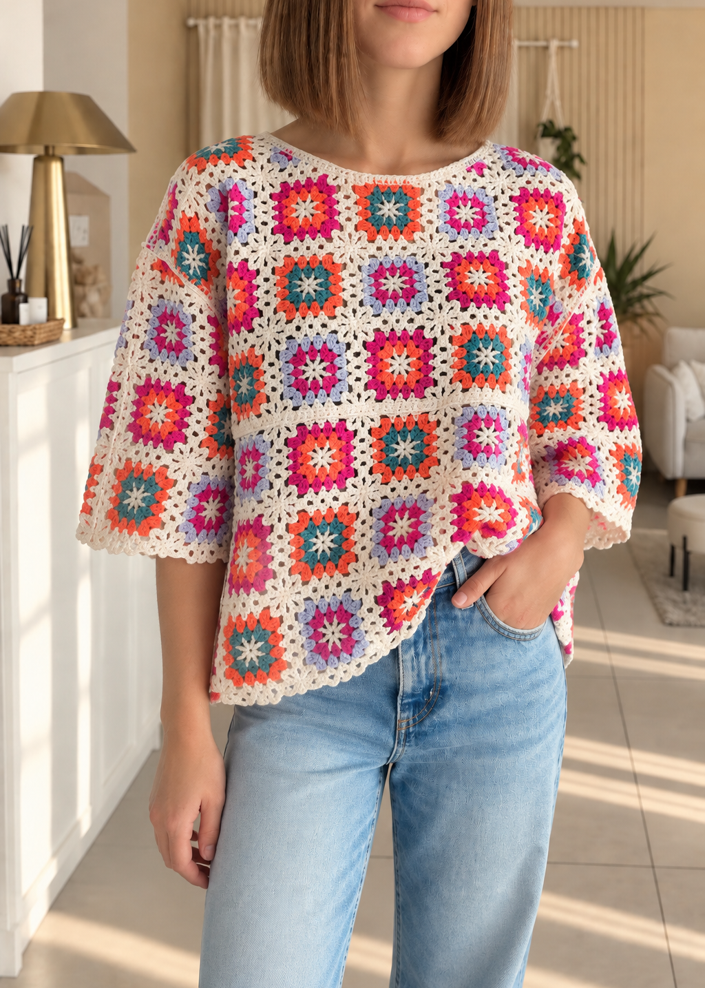 Pull crochet coloré à motifs